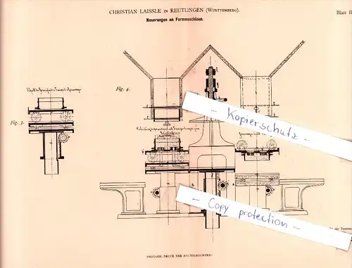 Original Patent - Christian Laissle in Reutlingen , Württemberg , 1881 , Formmaschinen !!!