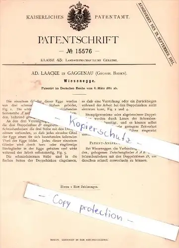 Original Patent - Ad. Laacke in Gaggenau , Grossh. Baden , 1881 , Wiesenegge !!!