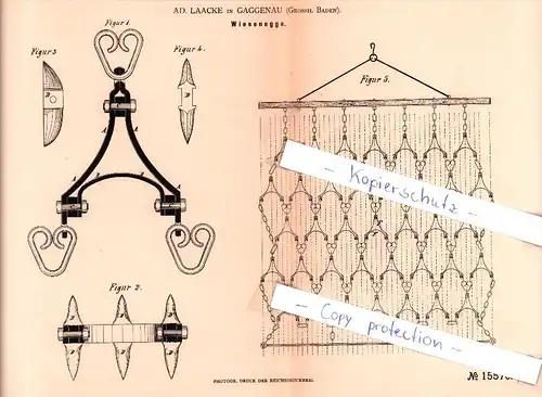 Original Patent - Ad. Laacke in Gaggenau , Grossh. Baden , 1881 , Wiesenegge !!!