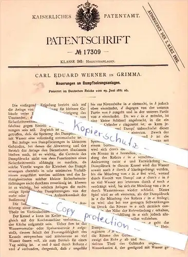 Original Patent -  Carl Eduard Werner in Grimma , 1881 , Dampfheizungsanlagen !!!