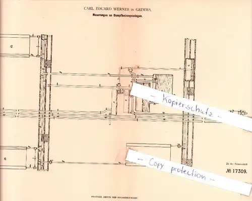 Original Patent -  Carl Eduard Werner in Grimma , 1881 , Dampfheizungsanlagen !!!