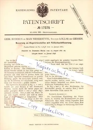 Original Patent - Gebr. Buderus in Main-Weserhütte, Station Lollar bei Giessen , 1881 , Kochofen !!!