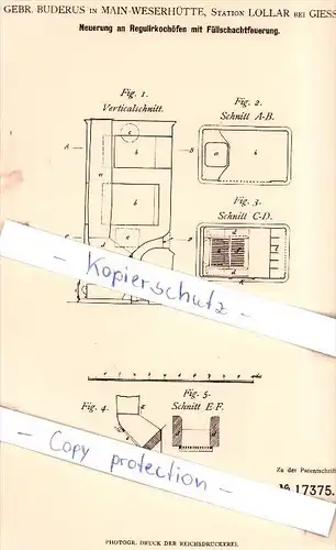 Original Patent - Gebr. Buderus in Main-Weserhütte, Station Lollar bei Giessen , 1881 , Kochofen !!!