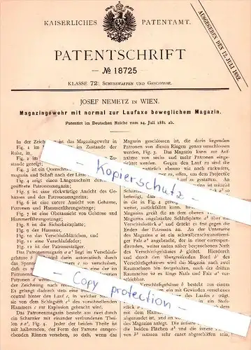 Original Patent - J. Nemetz in Wien , 1881 , Magazingewehr , Gewehr , Waffe !!!