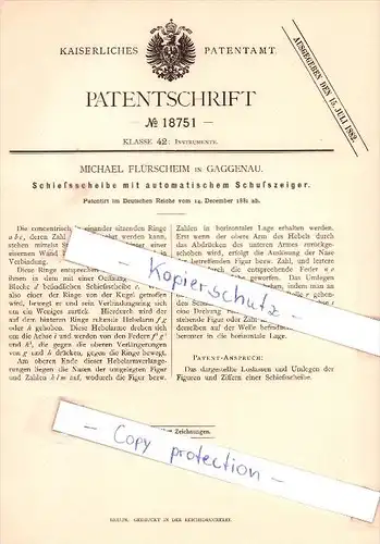 Original Patent - M. Flürscheim in Gaggenau , 1881 , Schießscheibe mit Schußzeiger , Schützenverein , Jagd !!!