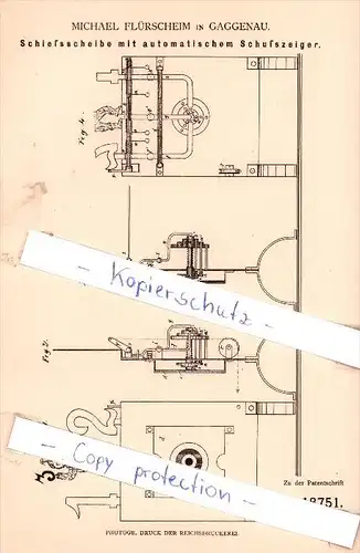 Original Patent - M. Flürscheim in Gaggenau , 1881 , Schießscheibe mit Schußzeiger , Schützenverein , Jagd !!!