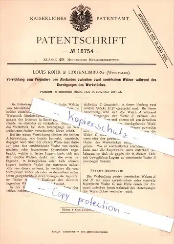 Original Patent - L. Röhr in Hohenlimburg , Westfalen , 1881 , Mechanische Metallbearbeitung !!!