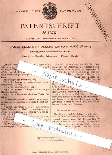 Original Patent - D. Fekete und A. Kaszo in Mako , Ungarn , 1882 , Gartenscheere mit Backe !!!