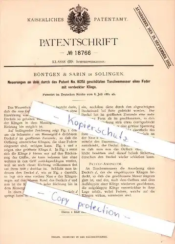 Original Patent - Böntgen & Sabin in Solingen , 1881 , Taschenmesser ohne Feder mit Klinge !!!
