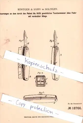 Original Patent - Böntgen & Sabin in Solingen , 1881 , Taschenmesser ohne Feder mit Klinge !!!