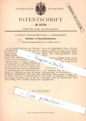 Original Patent - L. Bodenbender in Bernburg , 1882 , Steinfänger an Rübenschnitzelmaschinen !!!