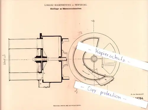 Original Patent - L. Bodenbender in Bernburg , 1882 , Steinfänger an Rübenschnitzelmaschinen !!!