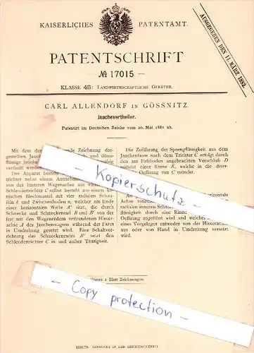 Original Patent - Carl Allendorf in Gössnitz , 1881 ,  Jauchevertheiler !!!