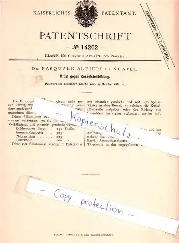 Original Patent - Dr. Pasquale Alfieri in Neapel , 1880 , Mittel gegen Kesselsteinbildung !!!