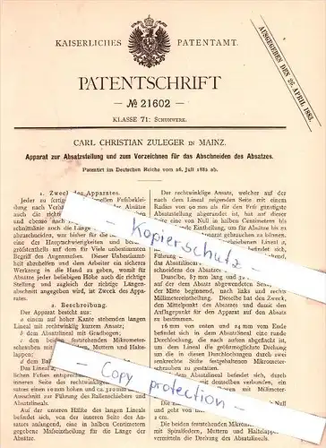 Original Patent - Carl Christian Zuleger in Mainz , 1882 , Schuhwerk !!!