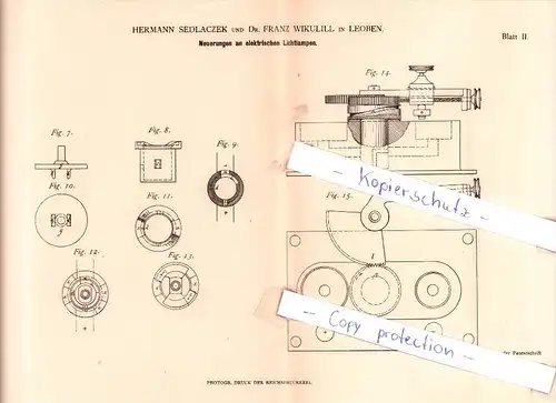 Original Patent - H. Sedlaczek und Dr. F. Wikulill in Leoben , 1881 , Neuerungen an Lichtlampen !!!