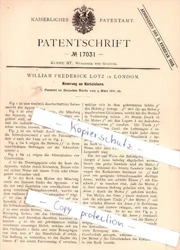 Original Patent - William Frederick Lotz in London , 1881 , Neuerung an Korkziehern , Korkenzieher !!!