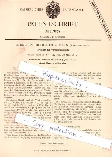 Original Patent - A. Reichenberger & Co. in Eupen , 1881 , Spinnerei !!!