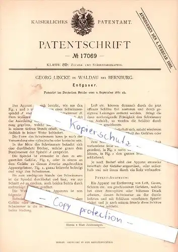 Original Patent - George Lincke in Waldau bei Bernburg , 1881 , Entgaser !!!