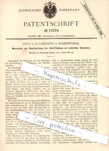 Original Patent - Otto L. K. Lorenzen Eckernförde , 1881 , Bearbeitung der Gleitflächen an Scheiben !!!
