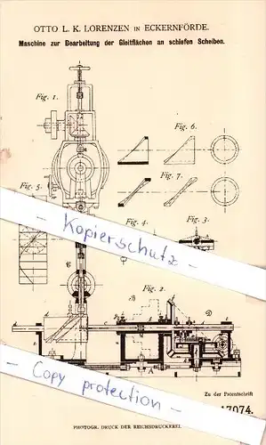 Original Patent - Otto L. K. Lorenzen Eckernförde , 1881 , Bearbeitung der Gleitflächen an Scheiben !!!