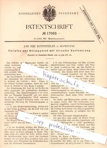 Original Patent - Joh. Nep. Rothweiler in Konstanz , 1881 , Heizapparat mit Gasfeuerung !!!