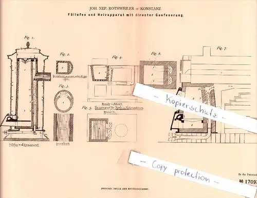Original Patent - Joh. Nep. Rothweiler in Konstanz , 1881 , Heizapparat mit Gasfeuerung !!!