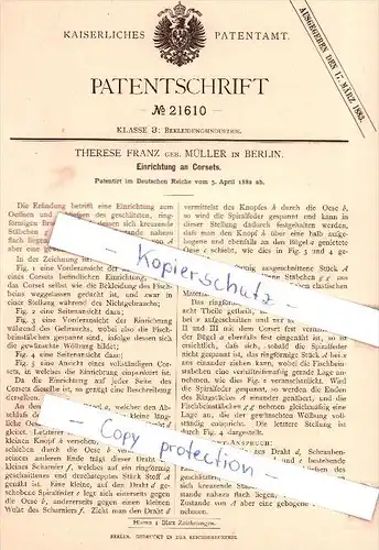 Original Patent - Therese Franz geb. Müller in Berlin , 1882 , Einrichtung an Corsets , corset , Korsett !!!