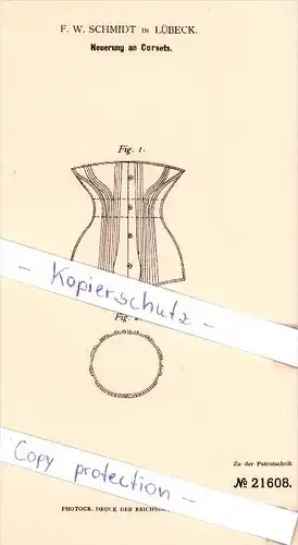 Original Patent - F. W. Schmidt in Lübeck , 1882 , Corset , Korsett !!!