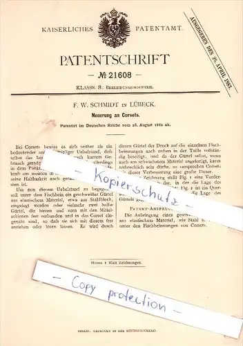 Original Patent - F. W. Schmidt in Lübeck , 1882 , Corset , Korsett !!!