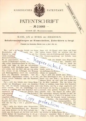 Original Patent - Karl Ax in Burg bei Herborn , 1882 , Schutzvorrichtungen an Riemscheiben !!!