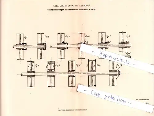 Original Patent - Karl Ax in Burg bei Herborn , 1882 , Schutzvorrichtungen an Riemscheiben !!!