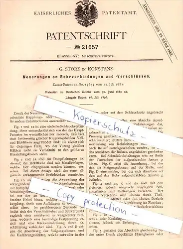 Original Patent - G. Storz in Konstanz , 1882 , Neuerungen an Rohrverrbindungen und -Verschlüssen !!!