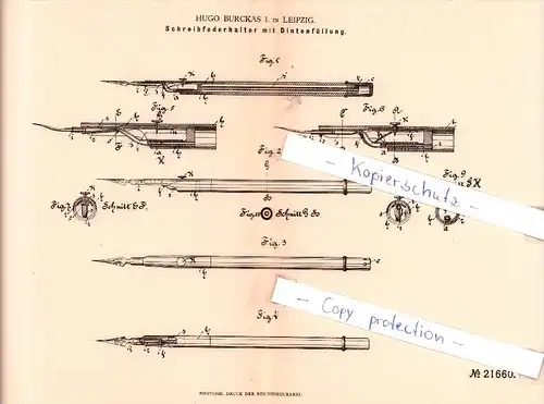 Original Patent - H. Burckas I. in Leipzig , 1882 , Schreibfederhalter mit Dintenfüllung !!!