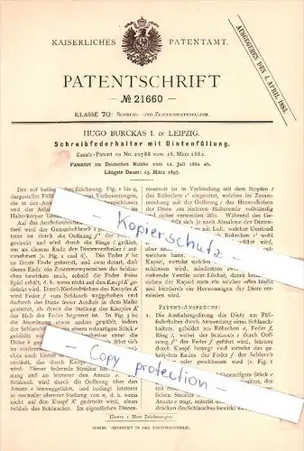 Original Patent - H. Burckas I. in Leipzig , 1882 , Schreibfederhalter mit Dintenfüllung !!!