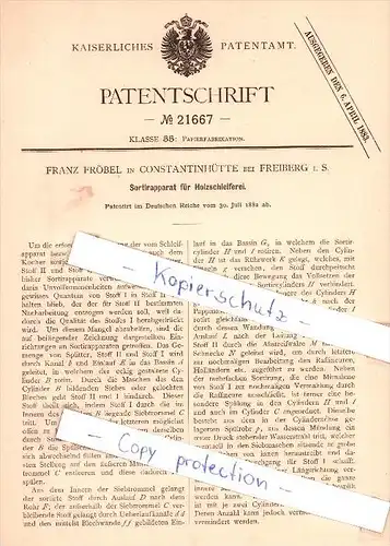 Original Patent - F. Fröbel in Constantinhütte bei Freiberg i. S.  , 1882 , Sortirapparat !!!