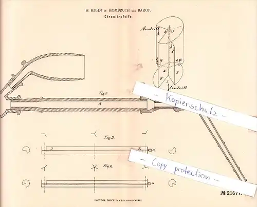 Original Patent - H. Kuhn in Hombruch bei Barop , 1882 , Circulirpfeife , Dortmund !!!