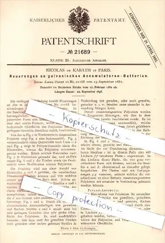 Original Patent - Nicolas de Kabath in Paris , 1882 , Neuerungen an Accumulatoren-Batterien !!!