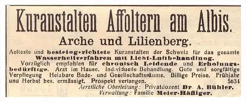 original Werbung / Reklame - 1911 - Kuranstalt Affoltern am Albis , Arche und Lilienberg , Meier-Häflinger !!!