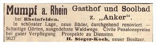 original Werbung / Reklame - 1911 - Mumpf a. Rhein b. Rheinfelden m Gashof und Soolbad Anker , Steger-Koch !!!