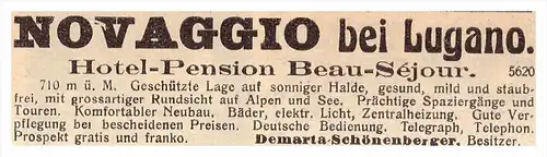 original Werbung / Reklame - 1911 - Novaggio b. Lugano , Hotel-Pension Beau-Séjour , D. Schönenberger !!!