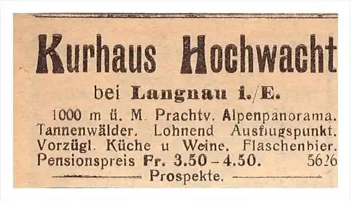 original Werbung / Reklame - 1911 - Kurhaus Hochwacht b. Langnau im Emmental !!!