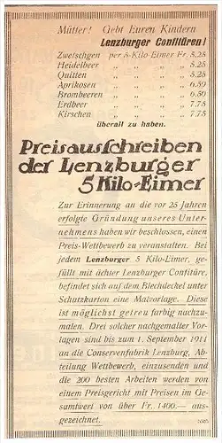 original Werbung / Reklame - 1911 - Lenzburger Confitüren ,  Lenzburg , Marmelade !!!
