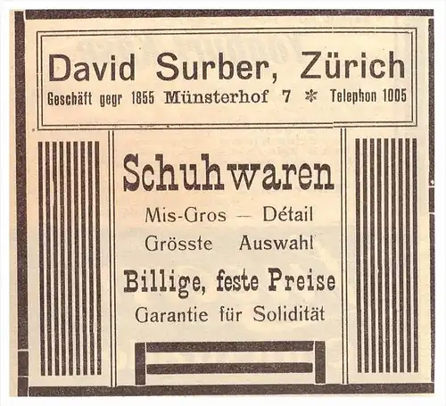 original Werbung / Reklame - 1911 -  David Surber in Zürich , Schuhe , Schuhwaren , Münsterhof !!!