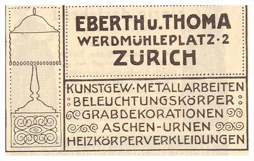 original Werbung / Reklame - 1911 - Eberth & Thoma in Zürich , Werdmühleplatz , Lampen , Beleuchtung  !!!