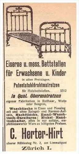 original Werbung / Reklame - 1911 - C. Herter-Hirt in Zürich , Matratzen , Betten !!!