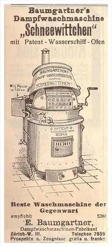 original Werbung / Reklame - 1911 - Dampf-Waschmaschine , E. Baumgartner in Zürich !!!
