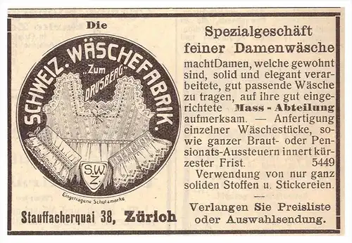 original Werbung / Reklame - 1911 - Schweiz. Wäschefabrik , Zum Drusberg in Zürich , Stauffacherquai !!!