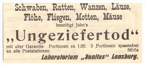 original Werbung / Reklame - 1911 - Ungeziefertod in Lenzburg , Ratten , Wanzen , Mäuse , Labor  !!