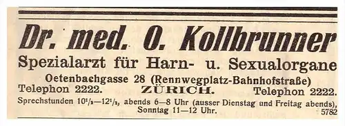 original Werbung / Reklame - 1911 - Dr. med. O. Kollbrunner in Zürich , Spezialarzt für Sexualorgane , Oetenbachgasse !!
